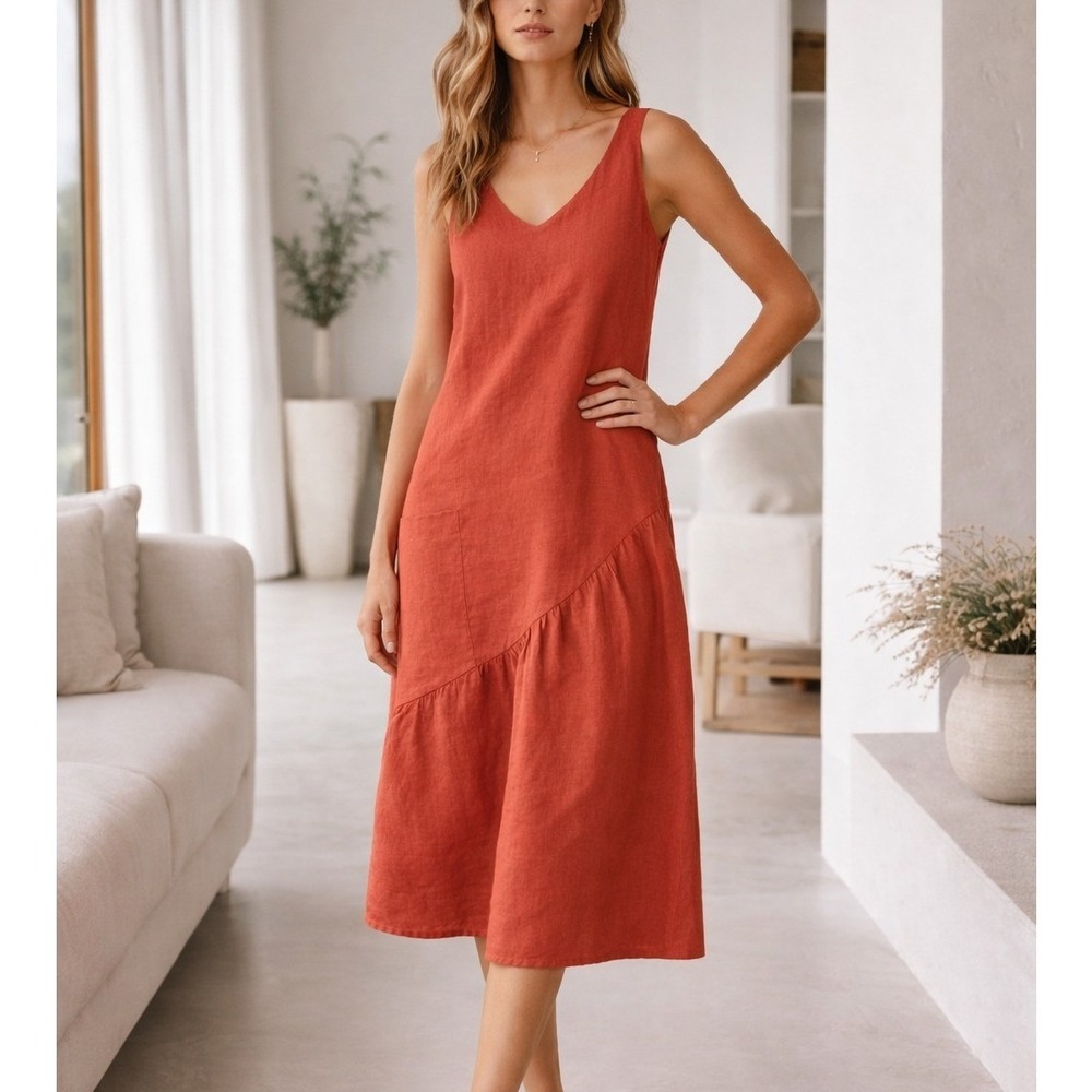 Garnet Hill 100% Linen Burnt Orange Sz 4 Midi Dress Ruffle Resort Vacation SMALL